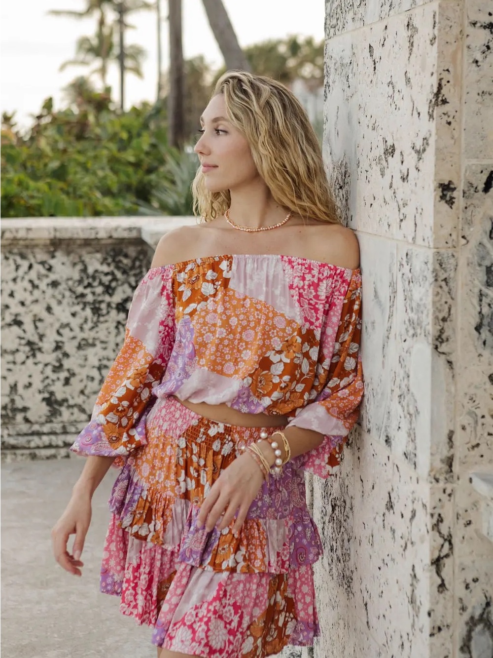 Three-Piece Sea Lustre Set in Orange & Pink mini skirt, tank and bandeau NWT